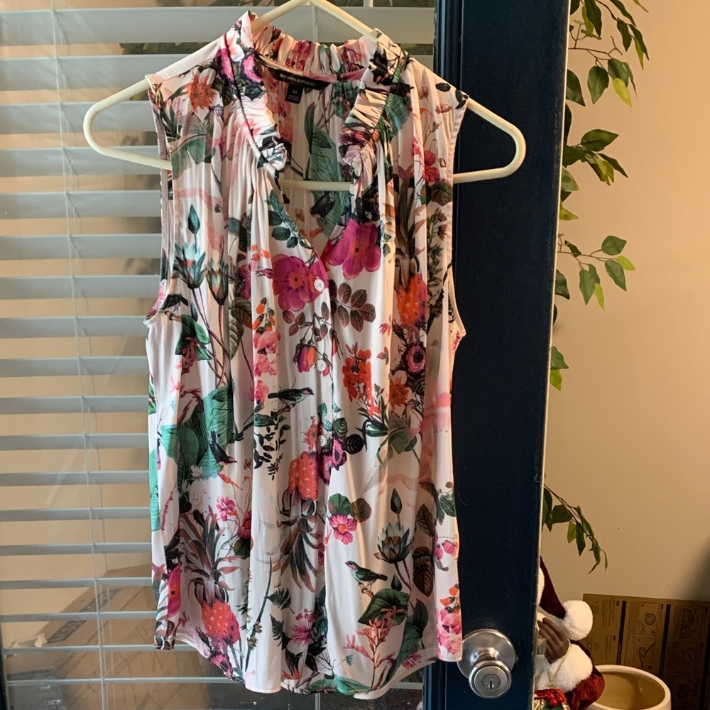 Banana Republic Floral Ruffle V-Neck Sleeveless Camisole - White, Pink & Green